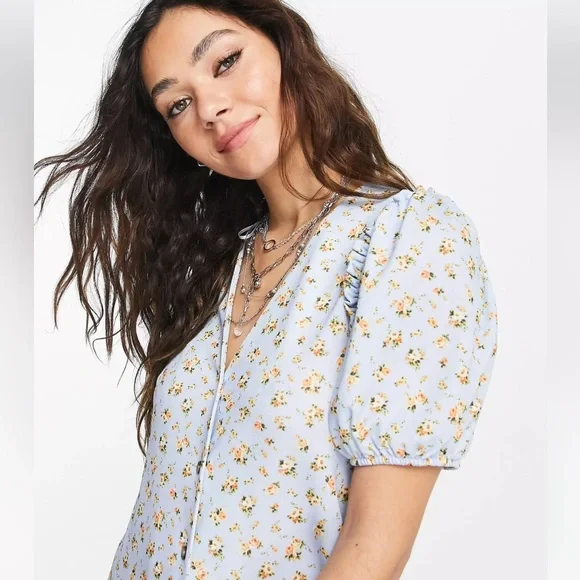 NEW Topshop Jersey midi dress pale blue women’s 6 floral cottagecore ruffle - Picture 14 of 16